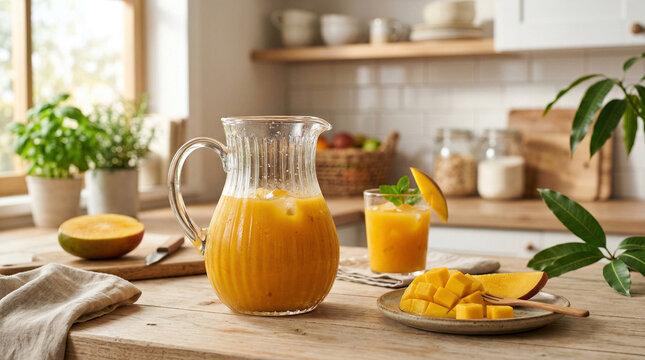 Mango juice pitcher with fresh mango slices and a glass on a wooden table in a bright kitchen with plants and kitchenware in the background
