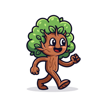 A cute cartoon walking tree character with a leafy green head and a happy expression.
