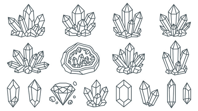 Collection of various crystal formations and raw gemstones in line style.