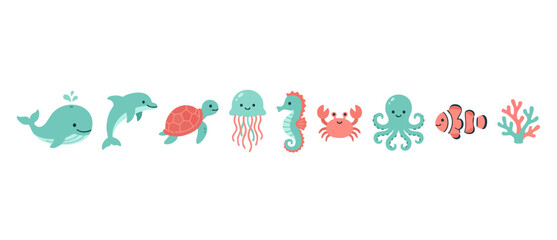 Cute Sea Animals Set Cartoon Vector Illustration of Ocean Creatures Like Whale Dolphin Turtle Jellyfish Seahorse Crab Octopus and Fish for Kids Nursery Decor and Marine Life Graphic Design Projects © Fernando