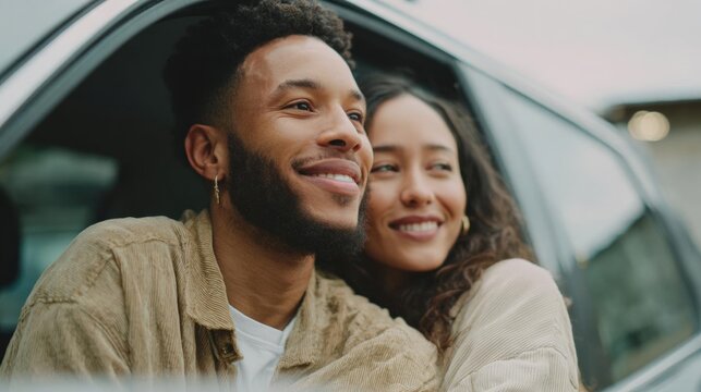 Young couple sitting in the driver's seat of a car. the man is on the left side of the image, wearing a beige jacket and has a beard. he is looking up at the woman with a smile on his face.