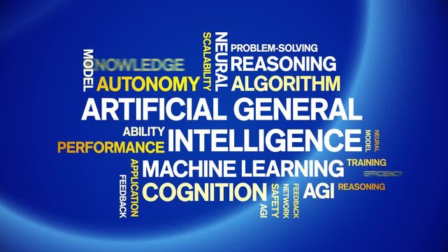 AGI Artificial General Intelligence animated word cloud-gross domestic product animation tag kinetic typography seamless loop.