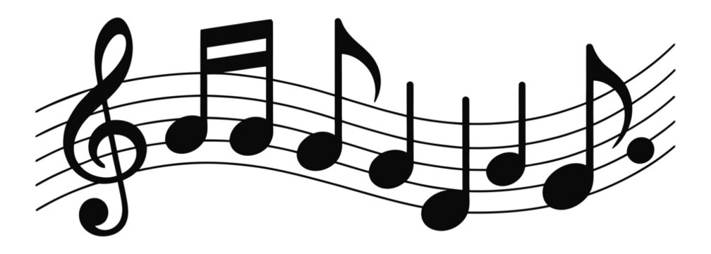 Black music notes on a white background in a melodic pattern
