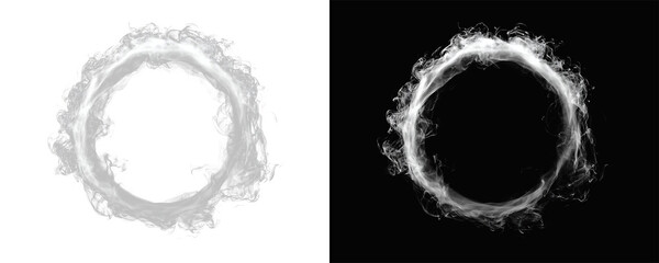 Fototapeta premium Circular smoke halo frame with rich vapor flow and textured mist swirl, abstract ring shape with smooth curves and atmospheric energy effect