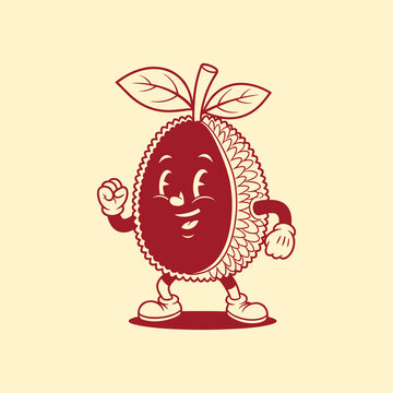 Joyful Cartoon Jackfruit Mascot with Raised Fist in Retro Line Art Style