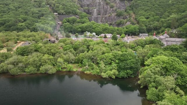 Aerial View of Slate Quarry Cliffs and Village Houses Above Llyn Padarn Wales