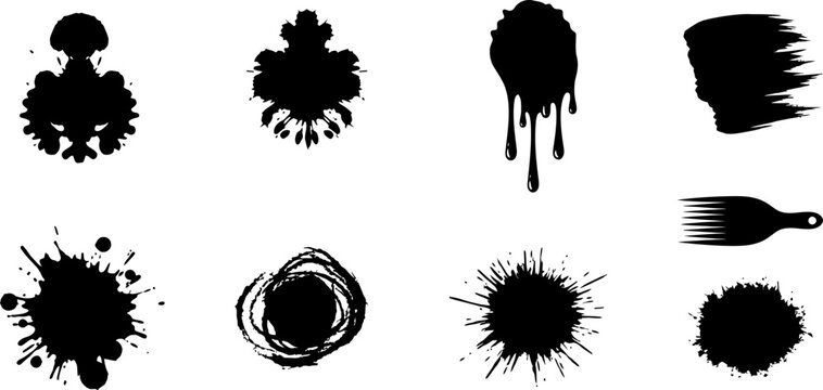 Artistic black paint splatter collection and ink stain design elements in vector eps file.