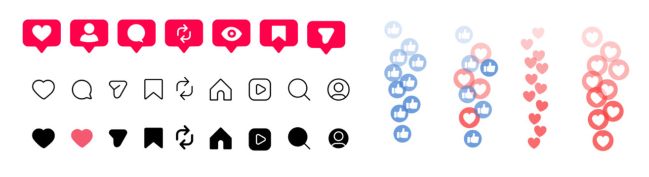 Style Social Media Icons Set Repost Like Comment Share Save Notification Outline UI Pack Flying Likes Live Stream Reaction Icons Collection