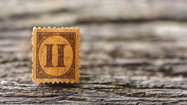 Vintage postage stamp numeral two on wood table, historical archive