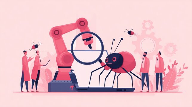 Software bug analysis concept illustration with magnifying glass and robots