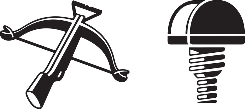 Black and white of a medieval crossbow and a metal screw with a rounded head
