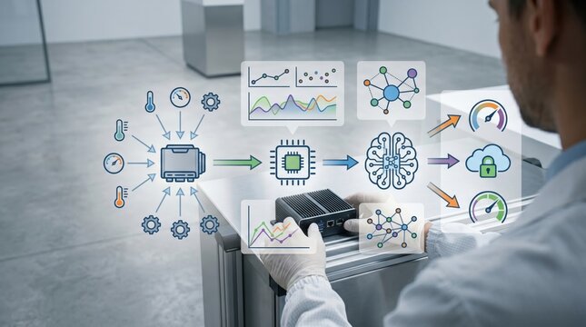 Smart factory worker analyzing machine learning data, industrial IoT concept with AI chip and digital interface, automation technology in manufacturing process