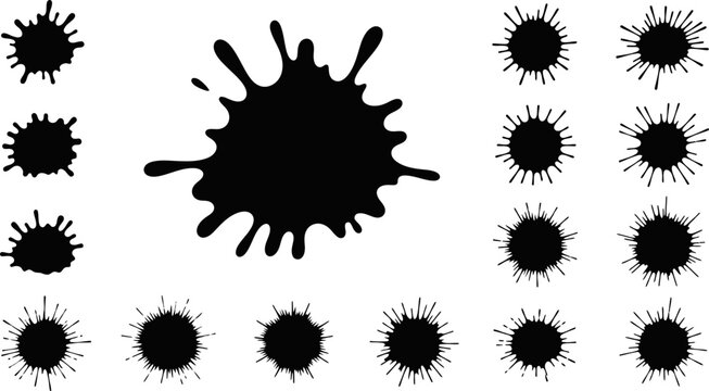 Liquid paint splat collection with various ink blot shapes for artistic compositions eps.
