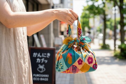 Close up of hands carrying modern Furoshiki eco bag 