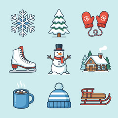 A collection of nine colorful cartoon winter icons including a snowflake, Christmas tree, mittens, ice skate, snowman, snowy cabin, hot chocolate, winter hat, and a sled. © Insan