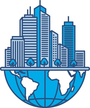 Sustainable Smart City Skyline on Top of Earth Globe Icon, Blue Outline Illustration for Global Urbanization and Green Energy