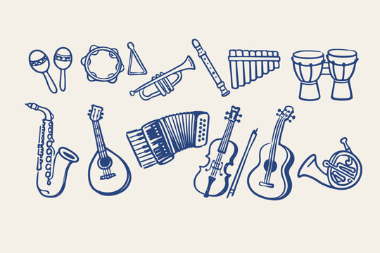 Vintage hand drawn musical instruments collection, set of 13 blue line art icons, retro acoustic music equipment for jazz and folk band posters