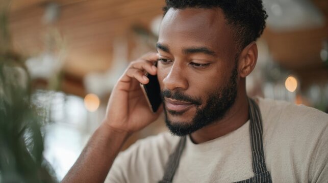Young african-american man with a beard, wearing a beige t-shirt and a black apron. he is holding a mobile phone to his ear and appears to be engaged in a conversation.