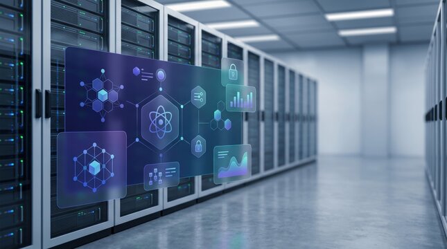 Modern server room data center with rows of rack servers and futuristic holographic interface showing network security, blockchain technology, artificial intelligence algorithms,