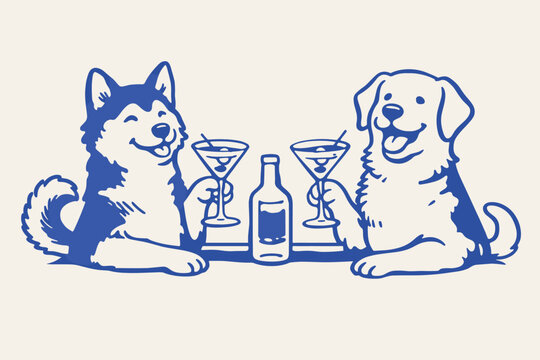 Vintage style dog illustration, happy husky and golden retriever drinking cocktails, retro pet bar vector art for brewery or cafe branding