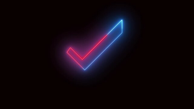 Digital checkmark animation loop. Neon approval confirmation with motion graphics background. Animated neon checkmark. HUD overlay graphic element with seamless loop motion graphics.