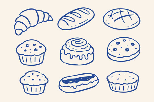 Hand drawn bakery icons set, blue line art bread and pastry illustrations, collection of 9 vector sketches for cafe menus and food branding