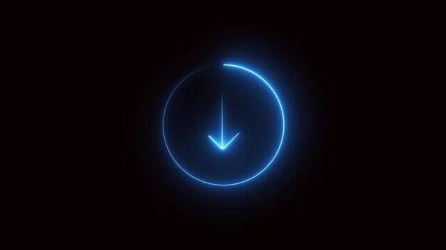 Blue download arrow animation loop. Modern technology interface with glowing motion graphics. Animated neon blue arrow loading. Digital HUD sci-fi glowing bright future design element.