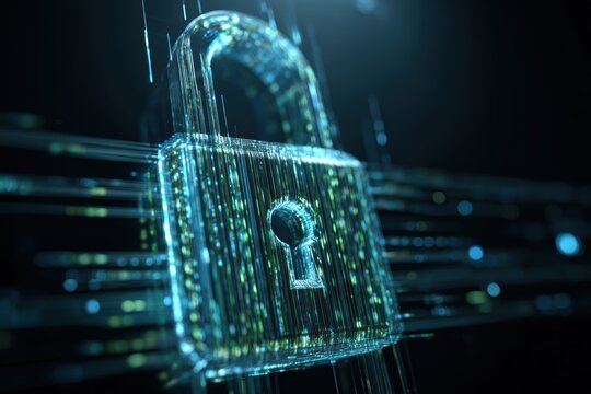 Digital padlock secured with glowing data streams dark background
