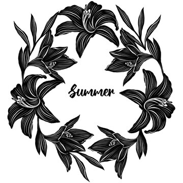 Black and white vector card with lilies