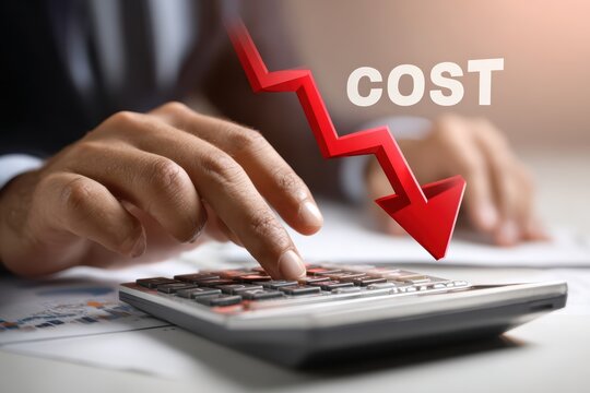 Person calculating cost reduction with red down arrow