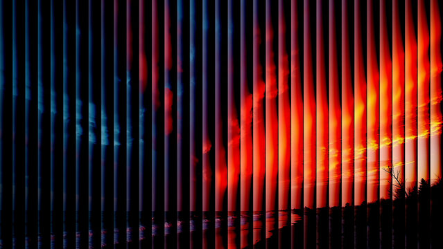 Vertical slats with colorful sunset reflection abstract architectural detail