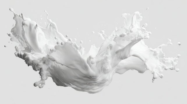 Dynamic splash of thick white opaque liquid exploding mid-air in bright even studio lighting, front-facing view isolated on white background with subtle shadow for abstract art and dairy concept