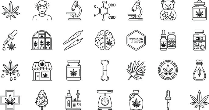 Cannabis and CBD Line Icon Set with Marijuana Leaf Oil Bottle THC Molecule Medical and Recreational Symbols Vector Collection for Hemp Industry Design
