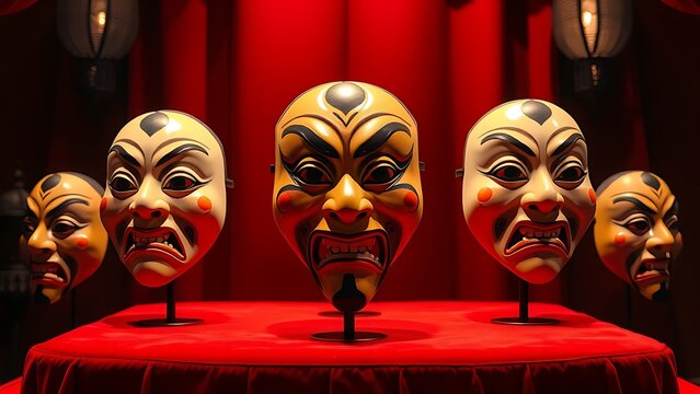 A red velvet display of kabuki masks with dramatic expressions and lighting.