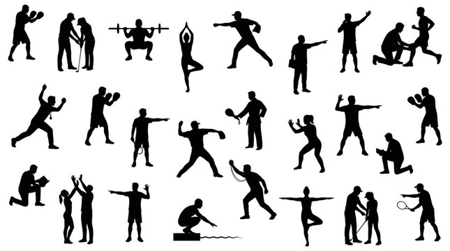 Athletes and sports coaches silhouettes performing fitness activities and training exercises | Large collection of active people | Black vector icons