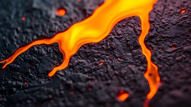 Macro detail of glowing molten metal solidifying on a textured dark metallic surface.