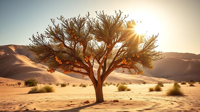Solitary argan tree with golden fruits in a Moroccan desert landscape.