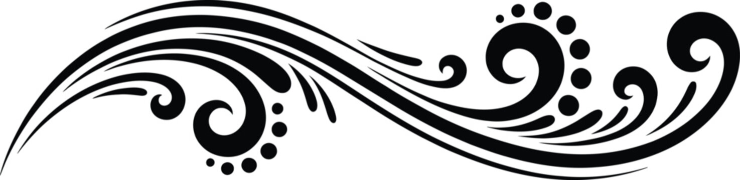This flowing black calligraphic wave accent features elegant dotted spirals to decorate your design projects.
