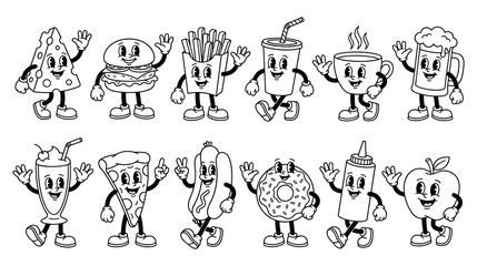 Retro cartoon food characters collection with waving hands and funny faces. © Amir