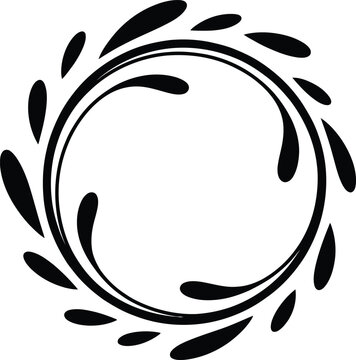 This circular black frame combines swirling inner lines with stylized outer droplets to resemble a wreath.