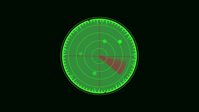 Military defense radar animation. Seamless rotating scan with blips, targets, and detection signals. Tracking and detection radar loop. Animated green radar with signals and targets.