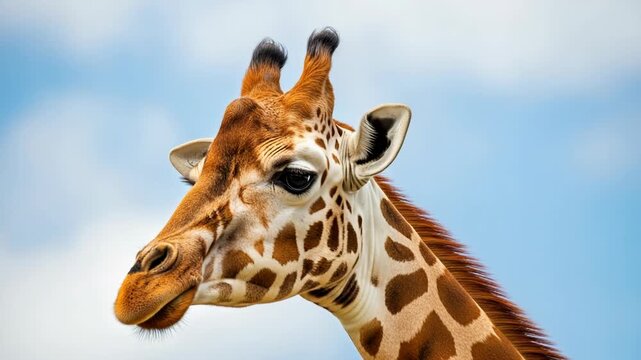 Closeup portrait of a giraffe against a blue sky