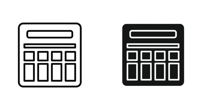 Calculator or mobile keypad grid icon set with square layout in outline and solid black styles for business productivity and data entry applications