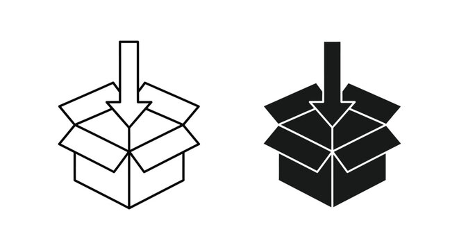 Open cardboard box icon with downward arrow outline and solid versions signifying delivery receiving and package insertion