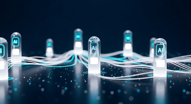 artificial intelligence network with glowing pillars and connecting light streams futuristic technology high quality
