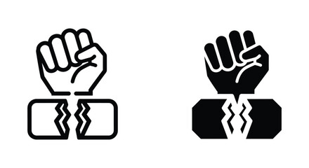 Obraz premium Raised fist breaking through chains symbol in outline and solid black vector graphics for freedom