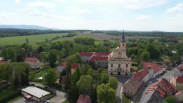 Close-up Drone Shot of St. Maternus Baroque Church in Lubomierz - Izerskie Region