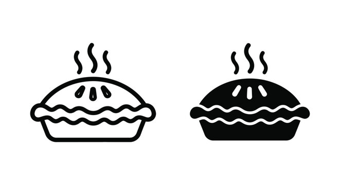 Freshly baked hot pie icon set in thin line and solid black style featuring steaming pastry dessert for bakery and restaurant menu website interface elements isolated on white