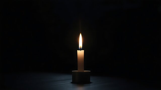 A single lit candle glows with a soft flame in a quiet, dark room.