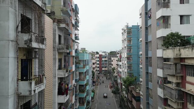 Aerial drone view of central Dhaka city skyline cinematic urban landscape Bangladesh 4K